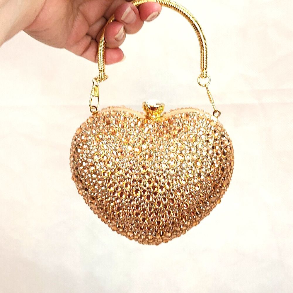 RAMLA Gold Heart Shape Crystal Clutch Purse Handle & Chain Prom Gala Wedding$189